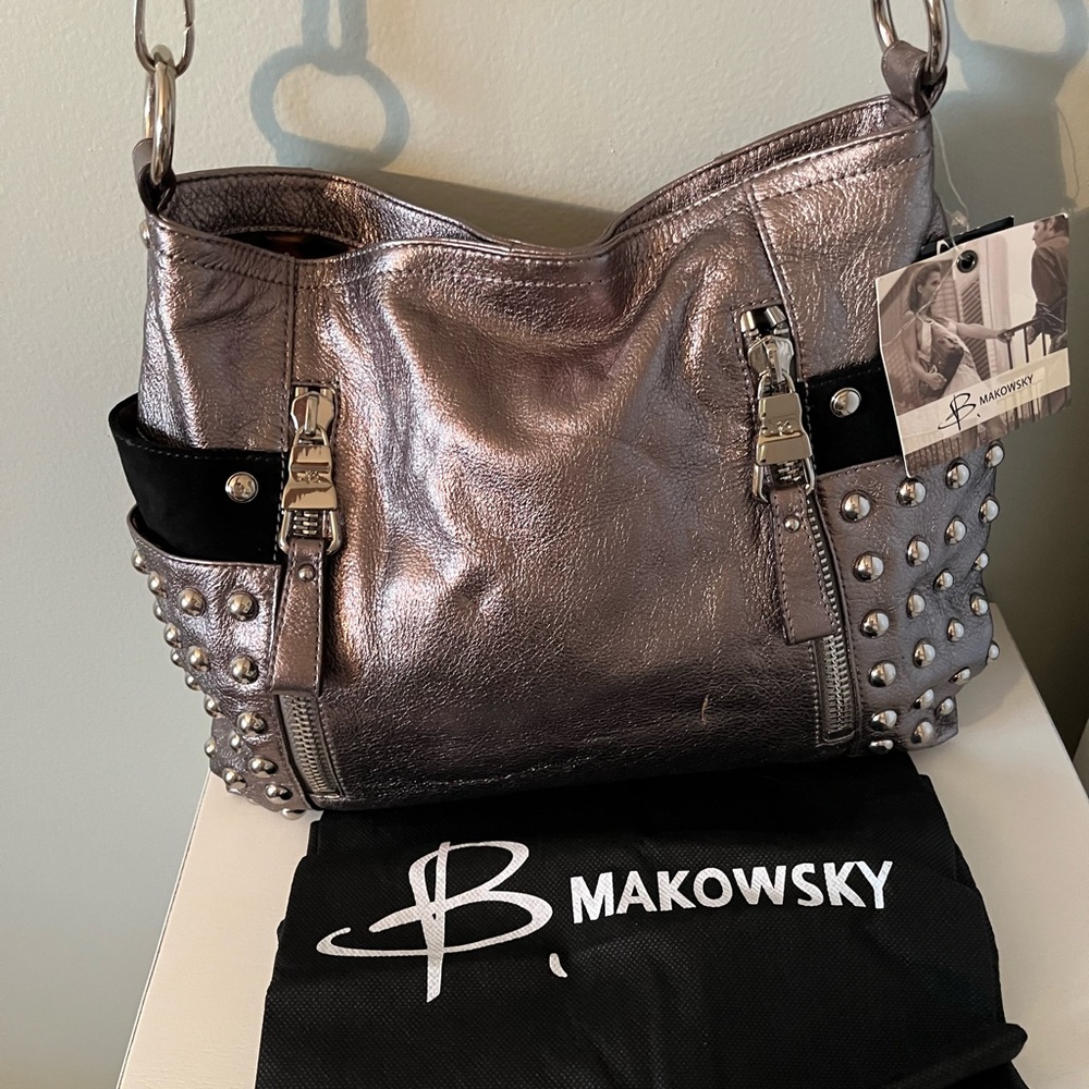 B. Makowsky Vintage Metallic Studded Shoulder Bag